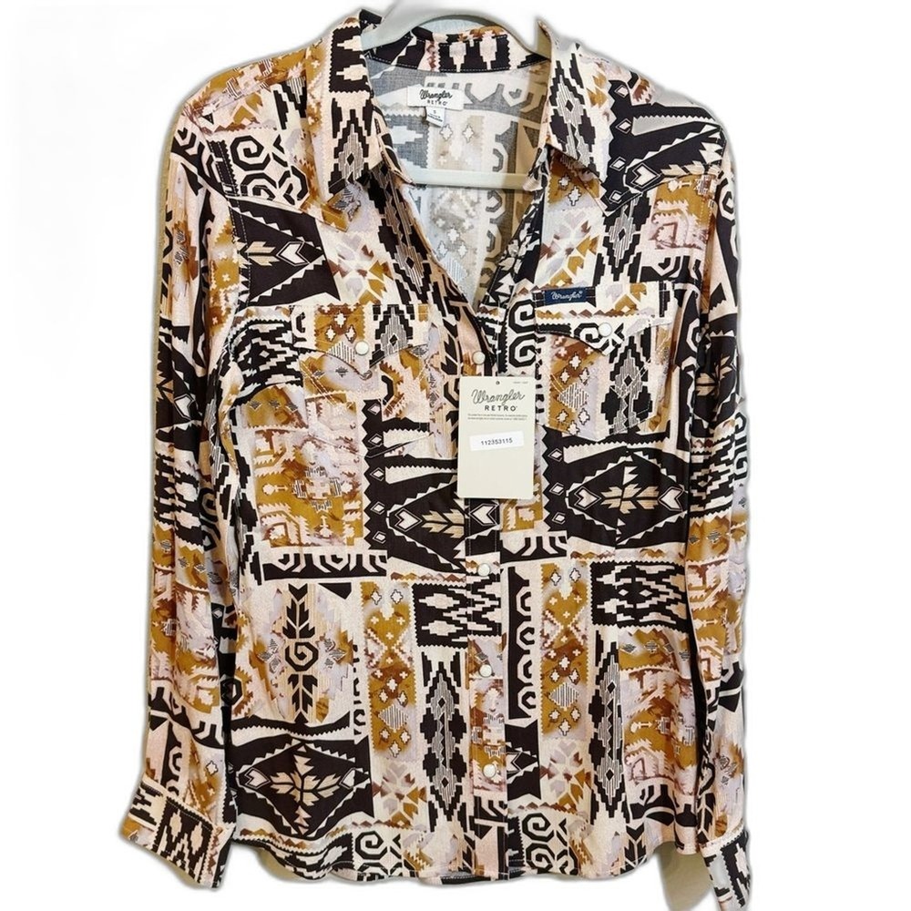 Wrangler Retro Womens Southwestern Aztec Pearl Snap Western Shirt Brown Small